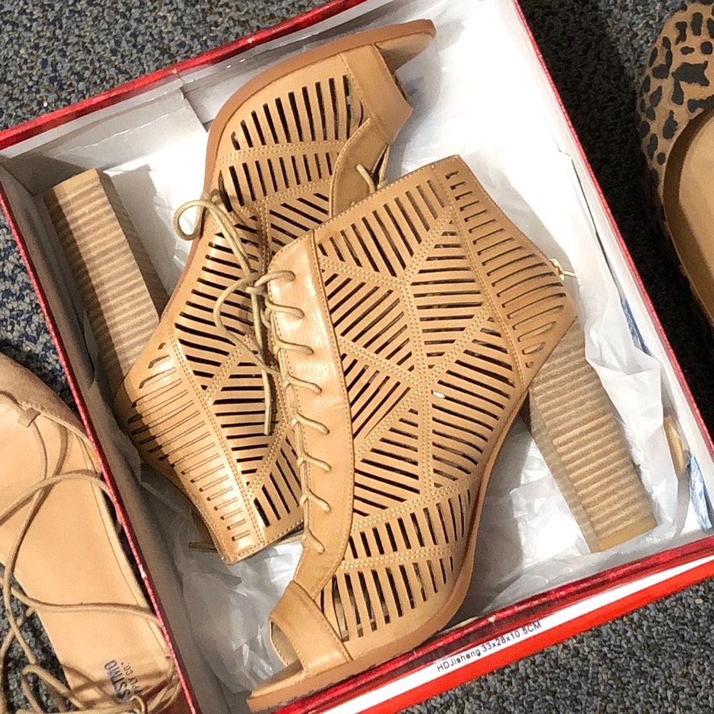 Tan, open toed, wedge bootie,